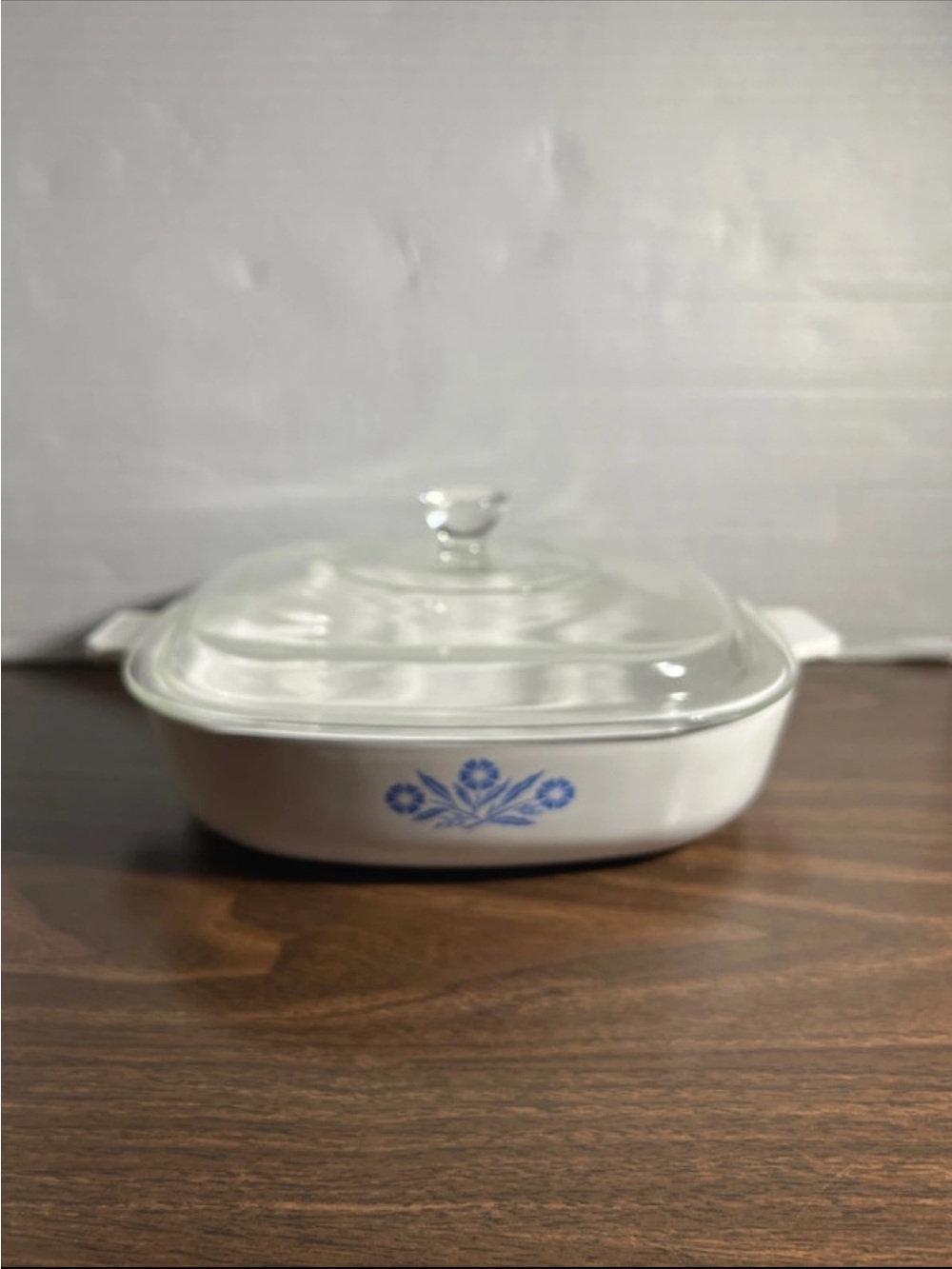 Corningware White Casserole with Blue Cornflower Motif and Glass Lid